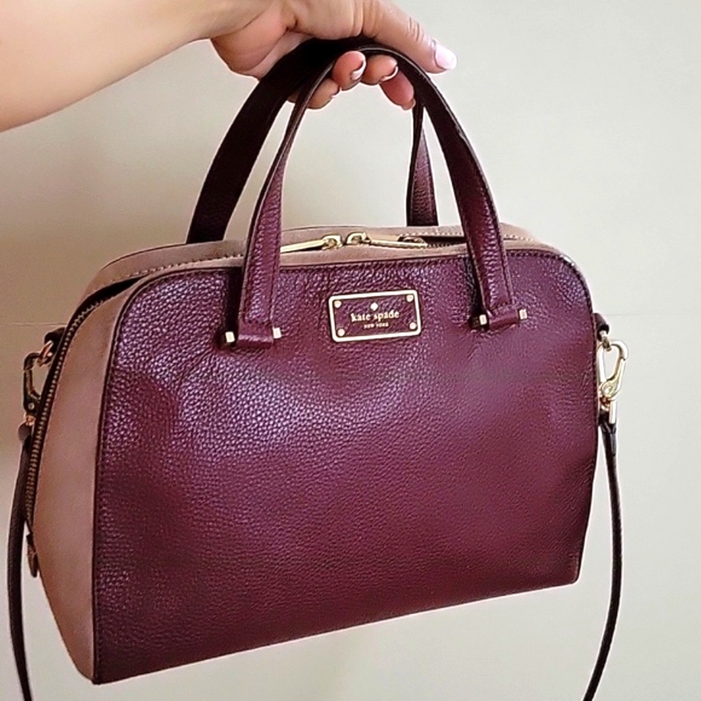 Kate Spade “Felix” Crossbody Burgundy Pebbled Leather and Tan Suede Bag